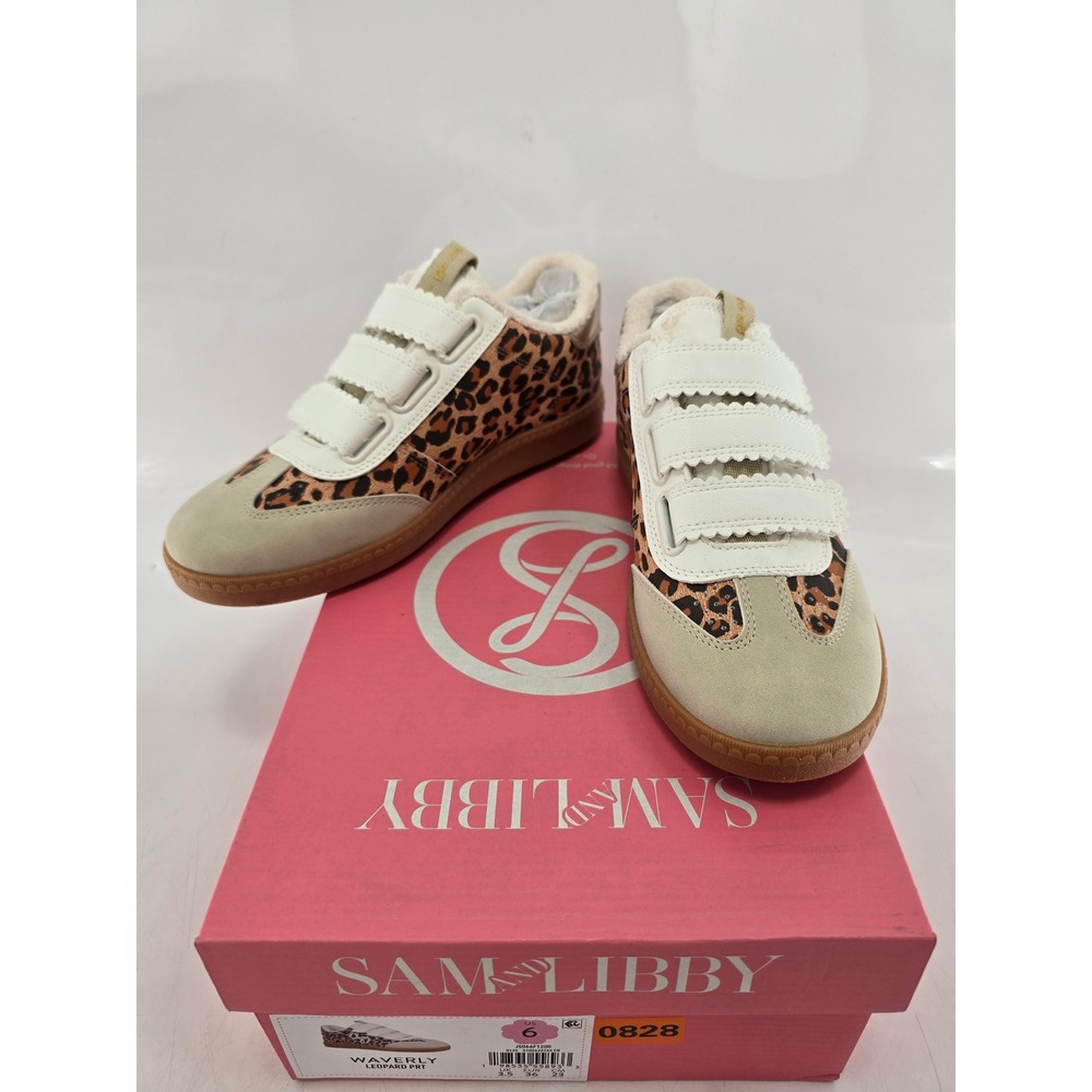 Sam & Libby Waverly Sneakers Womens 6 Leopard Print Hook Loop Faux Fur - New
